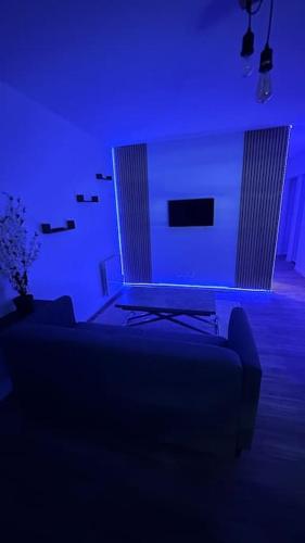Cette chambre bleue comprend un lit et un canapé. dans l'établissement Appartement avec terrasse, à Vierzon