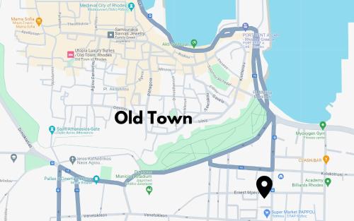 a map of old town with a marker at Cosy Apartment Near The Old Town and Harbour in Rhodes Town
