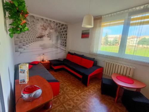 a living room with a couch and a table at Apartament u Anny in Szczytna