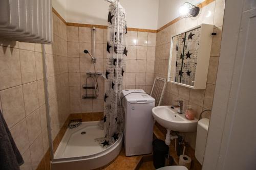a bathroom with a shower curtain and a toilet and a sink at LénApartman - Dakota in Pécs