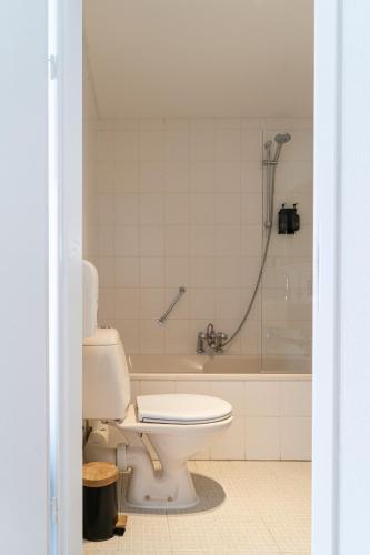 a bathroom with a toilet and a bath tub at Hotel de Duif Lisse - Keukenhof in Lisse
