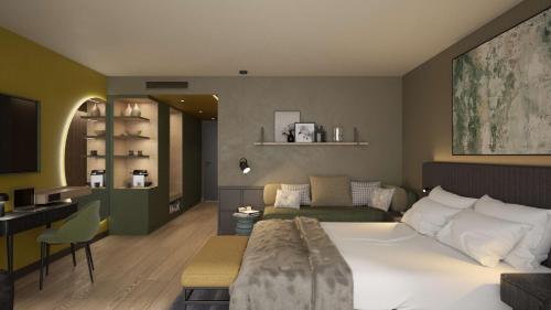 ein Schlafzimmer mit einem Bett und ein Wohnzimmer in der Unterkunft Grand Tirolia Kitzbühel - Member of Hommage Luxury Hotels Collection in Kitzbühel