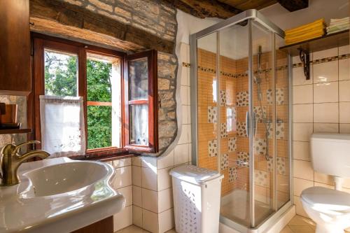 y baño con lavabo y ducha. en Rustic Villa Marija with panoramic view in Zrenj, en Zrenj