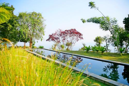 a pond in a garden with tall grass at Isla's Ridge - A CGH Earth SAHA Experience in Kodaikānāl