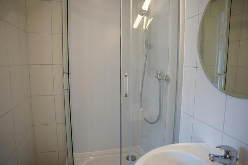 a bathroom with a shower and a sink and a mirror at Ferienhaus Am Reilsbach in Cochem
