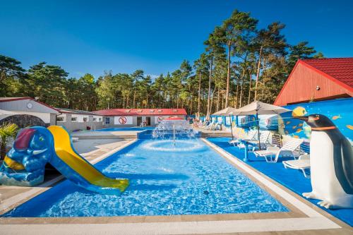 a swimming pool with a water slide and swans at AMBRE Domki letniskowe in Łeba