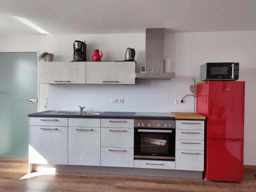 a kitchen with a red refrigerator and a sink at Ferienwohnung Trifts l Wallbox l Parkplatz l AusZeit Card in Wangen im Allgäu