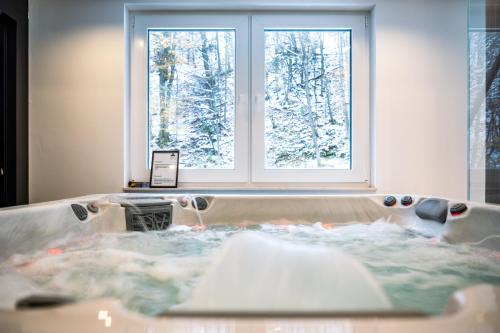 a hot tub in a room with a window at Hotel Adriale in Kreševo