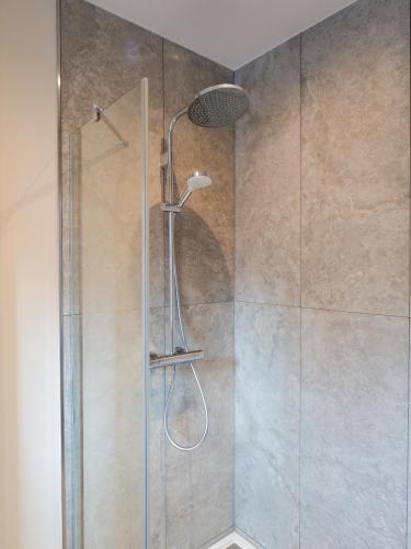 a shower with a shower head in a bathroom at Haus Boutique in Bad Salzuflen