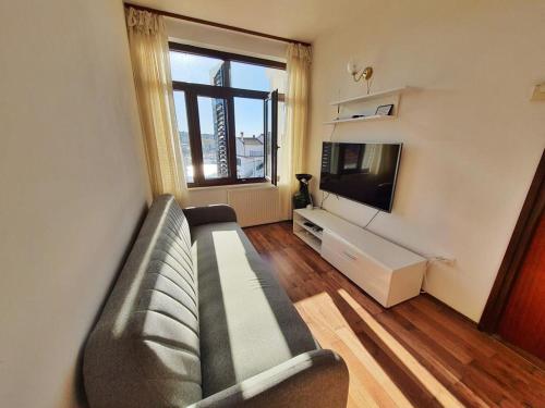 uma sala de estar com um sofá e uma televisão de ecrã plano em Apartment Henrik on the beach 2 bedrooms em Jezera
