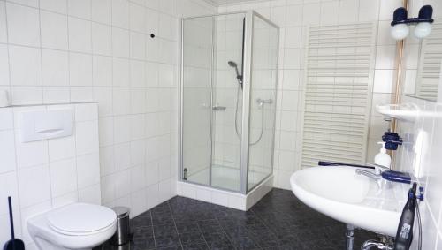a bathroom with a shower and a toilet and a sink at Uhlenflucht in Spelle