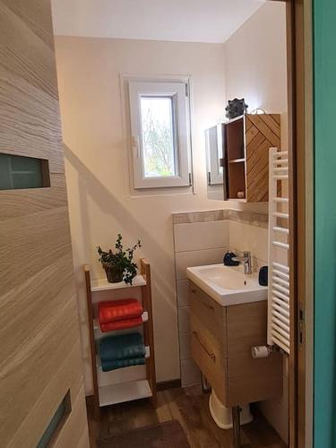 une petite salle de bain avec un lavabo et une fenêtre dans l'établissement Gîte à la campagne proche de toutes commodités., à Pernes-lès-Boulogne
