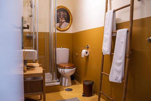 a bathroom with a toilet and a shower at Impar Triplex House in Porto