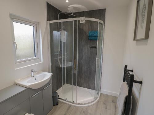 een badkamer met een douche en een wastafel bij Goldthorne Lodge in Kidderminster