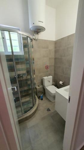een badkamer met een douche, een toilet en een wastafel bij Angela's Luxury Apartments in Kamena Vourla