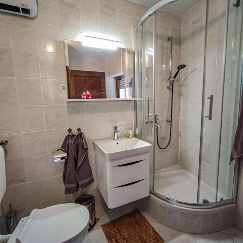 ein Bad mit einer Dusche, einem Waschbecken und einem WC in der Unterkunft Holiday Home Old Art in Kaštela
