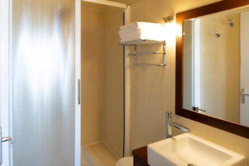 een badkamer met een wastafel, een douche en een spiegel bij Résidence Maricel in Canet-en-Roussillon