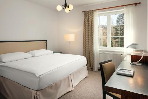 um quarto com uma cama, uma secretária e uma janela em Hotel Adršpach em Adršpach