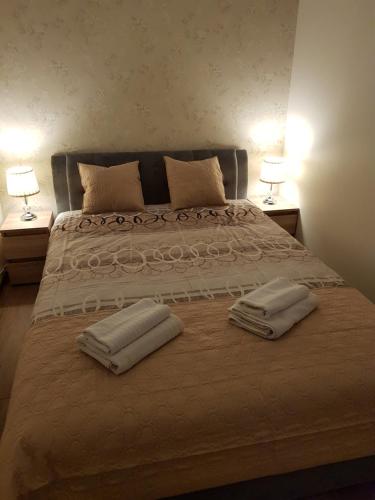 a bed with two pillows on it with two lamps at Apartamenty Kielce- Apartament Zacisze przy Baseny Tropikalne, Kadzielnia, parking, faktura,centrum in Kielce