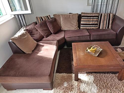 a brown couch and a coffee table in a living room at GREEN VILLAGE Apartment in Gornji Orahovac