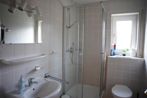 a bathroom with a shower and a sink and a toilet at Ferienhaus Am Reilsbach in Cochem