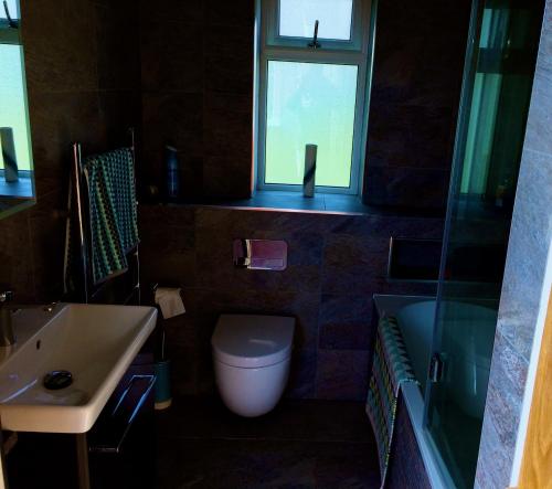 baño con aseo y lavabo y ventana en The Laurels en Westwood
