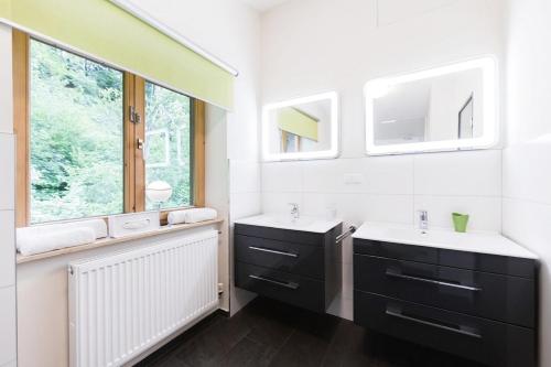 łazienka z 2 umywalkami i oknem w obiekcie Wildgrün Panorama Lodge 15 w mieście Pfronten
