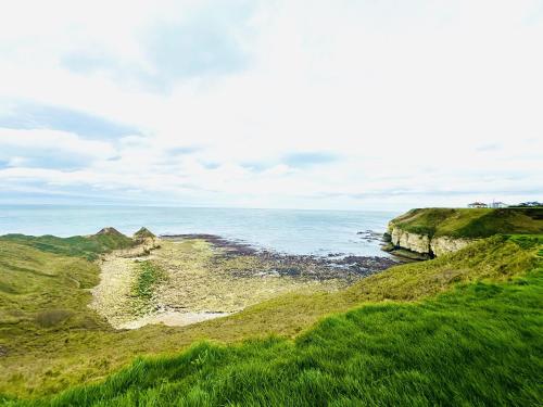 a view of the ocean from a hill with green grass at Dunlin Retreat in Flamborough