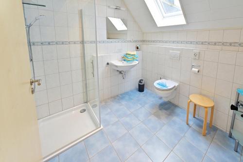 a bathroom with a shower and a toilet and a sink at Ferienweingut Ulrich Göbel in Ernst