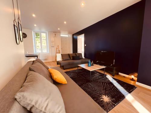 a living room with a couch and a tv at Le Blue Sight in Montluçon