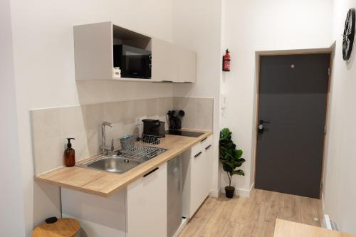 a small kitchen with a sink and a counter at Le Cocon Urbain in Millau