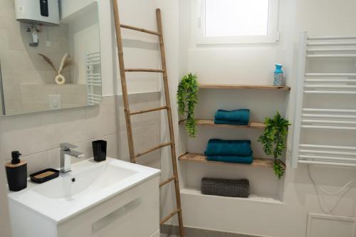 a bathroom with a sink and a towel ladder at Le Cocon Urbain in Millau
