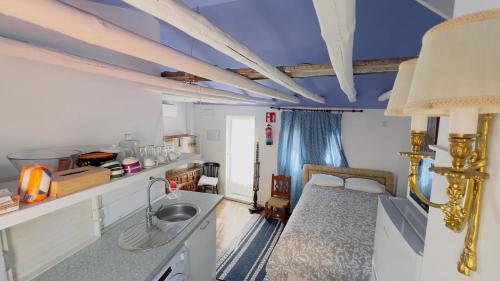 una cocina con fregadero y una cama en una habitación en APCH V7 Torreón en Chinchón