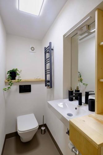 a bathroom with a white toilet and a sink at FortiVacation - Curciu in Curciu