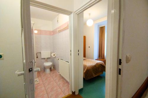 a bathroom with a bed and a toilet in a room at Willa Świt in Rabka-Zdroj