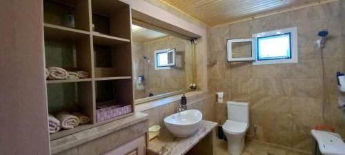 a bathroom with a sink and a toilet and a mirror at Nightflower rooms in Sami