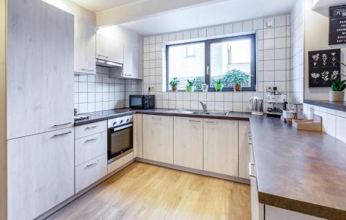 cocina grande con armarios blancos y ventana en 2 Bedroom Beautiful Home In Herselt, en Herselt