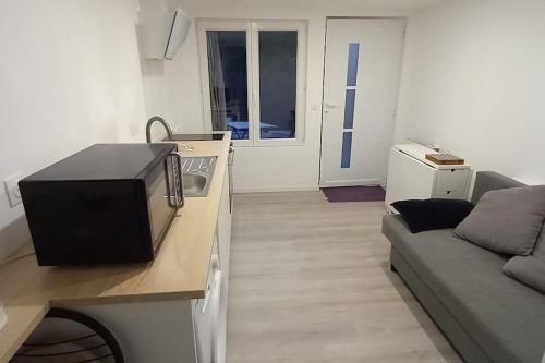 a small living room with a couch and a kitchen at Studio 17 minutes de Bordeaux in Ambarès-et-Lagrave