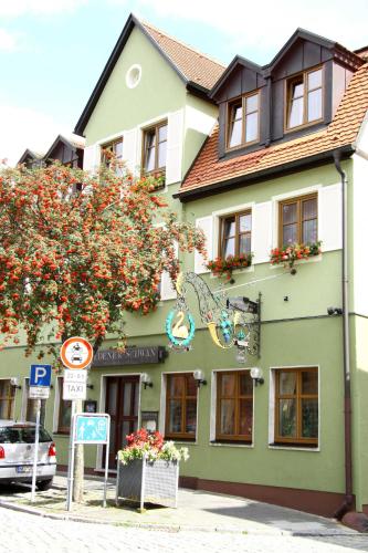 a green and white building with a sign in front of it at Hotel-Garni Goldener Schwan in Bad Windsheim