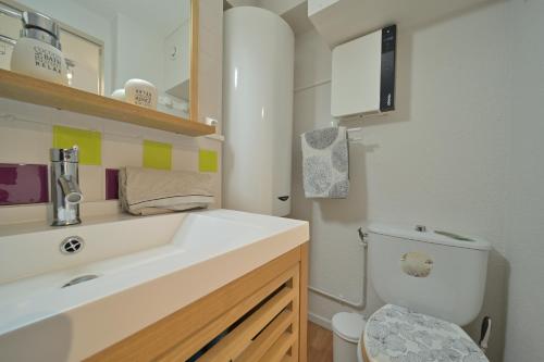 a bathroom with a white sink and a toilet at Studio 5 Pers Face Au Lac Payolle in Campan