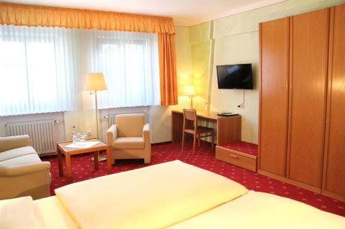 a hotel room with a bed and a desk and a television at Hotel-Garni Goldener Schwan in Bad Windsheim