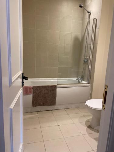a bathroom with a shower and a tub and a toilet at The bucks head hotel in Church Stretton