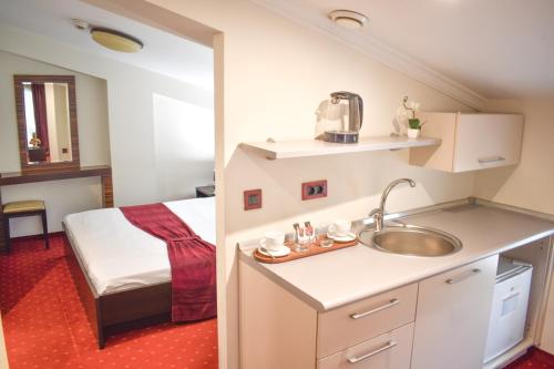 La salle de bains est pourvue d'un lavabo et d'un lit dans la chambre. dans l'établissement Hotel Hamburg, à Skopje