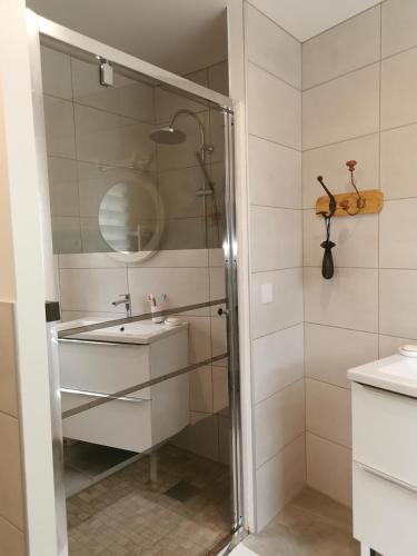 une salle de bain avec douche et lavabo dans l'établissement Gîte les petits chemins, à Ledeuix