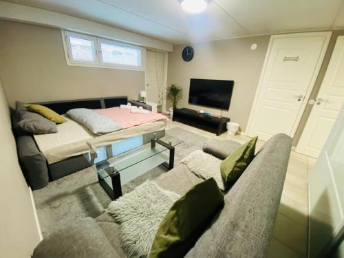 a living room with a bed and a couch at Welcoming shared room with free parking and sauna in Vantaa
