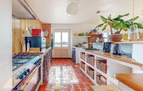 une cuisine avec une cuisinière et un comptoir dans l'établissement Amazing Apartment In Locmariaquer, à Locmariaquer