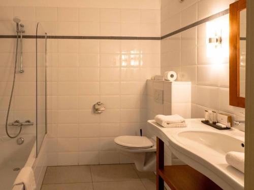 a bathroom with a toilet and a sink and a shower at Budget Rooms by Ghent River in Ghent