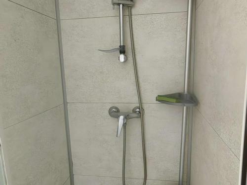 d'une douche avec une porte en verre et un pommeau de douche. dans l'établissement Superbe T3 lumineux à 30m de la plage, 6 pers, ascenseur, parking - FR-1-607-5, au Cap d'Agde