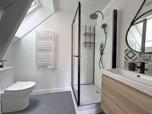 une salle de bain avec une douche, des toilettes et un lavabo dans l'établissement Studio rénové cœur centre-ville, tout confort avec wifi, TV et lave-linge, proche commerces - Berck - FR-1-646-15, à Berck-sur-Mer