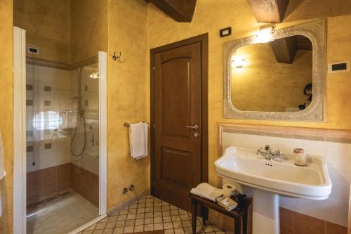 a bathroom with a sink and a shower and a mirror at La Locanda dell'Ambra in Talamello